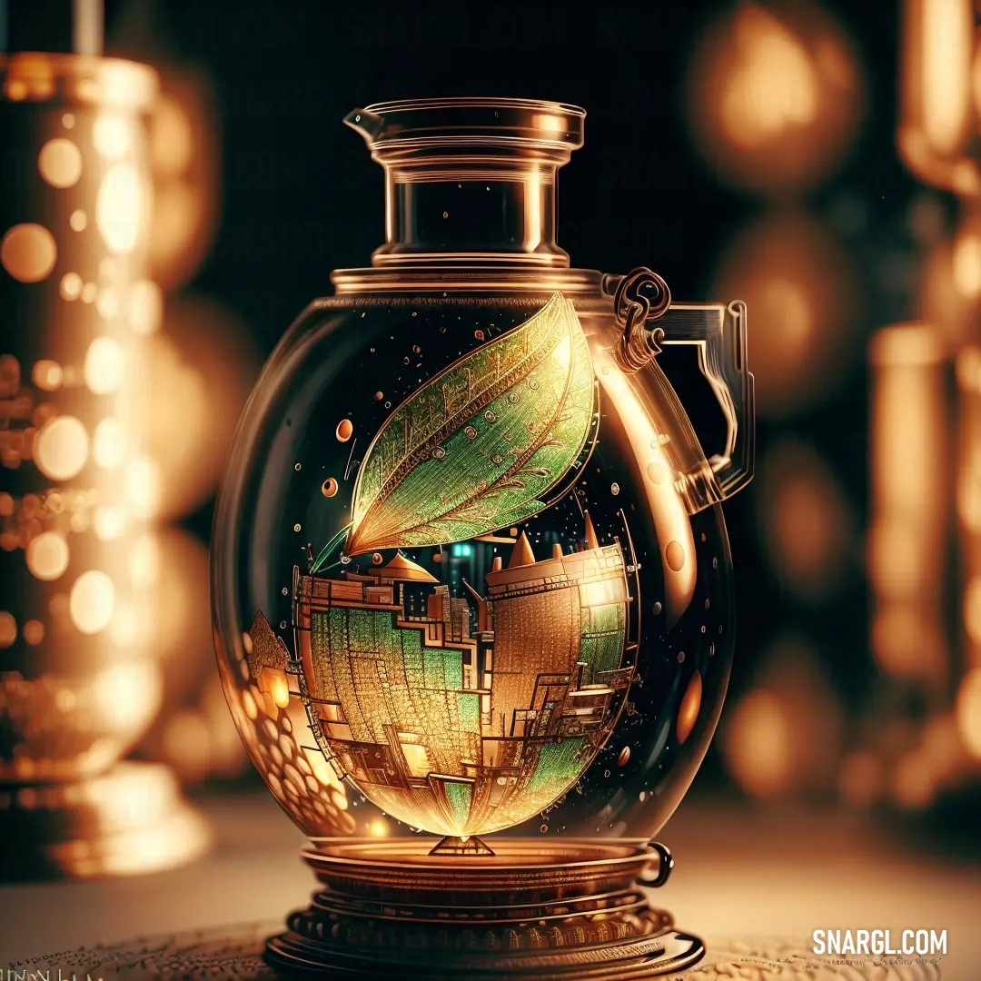 Glass vase with a leaf inside of it on a table next to a candle holder and a vase