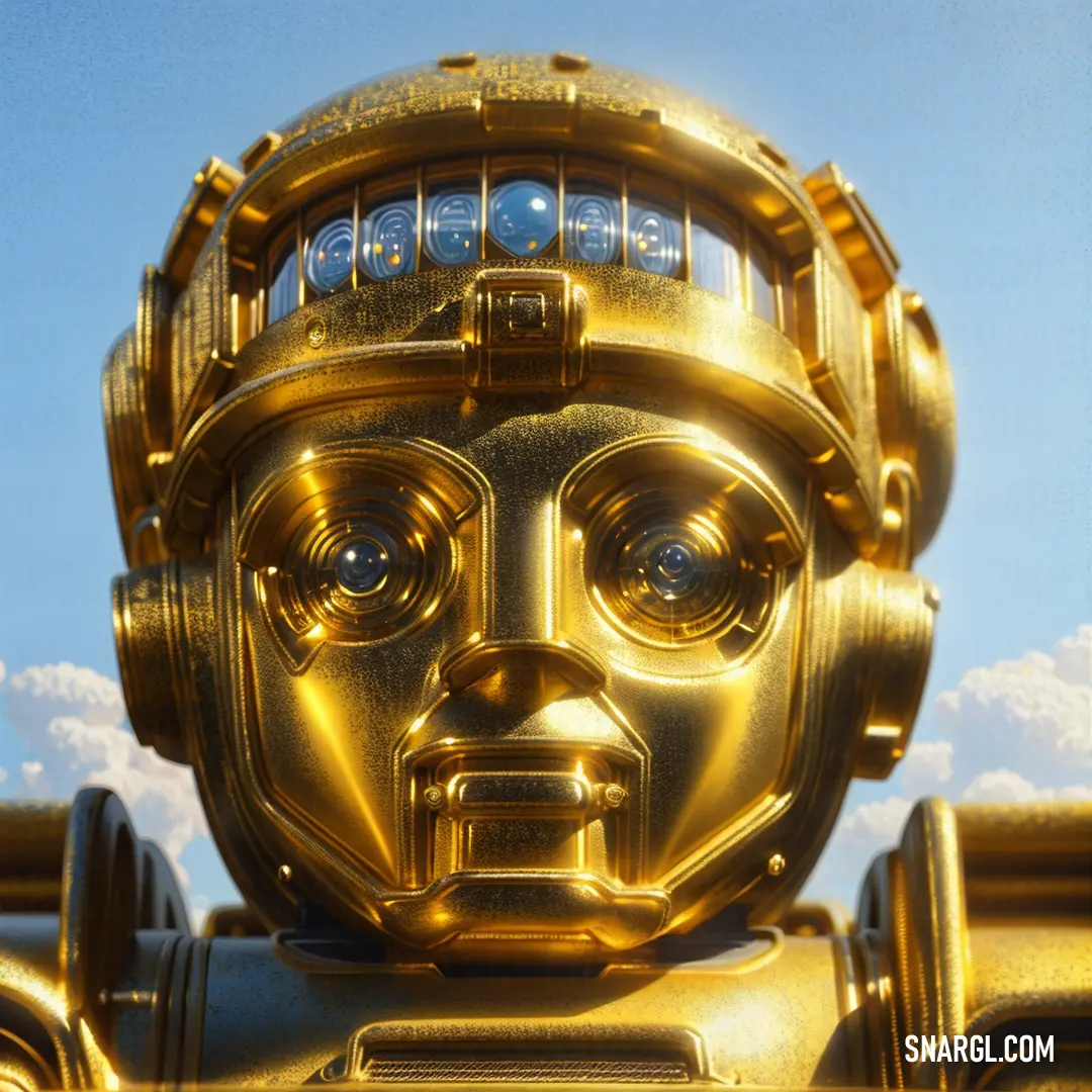 A gleaming golden robot stands proudly against a vibrant sky, its shiny helmet catching the light. With intricate details and a polished surface, the robot exudes a futuristic vibe, highlighted by the striking contrast of the bold CMYK color palette.