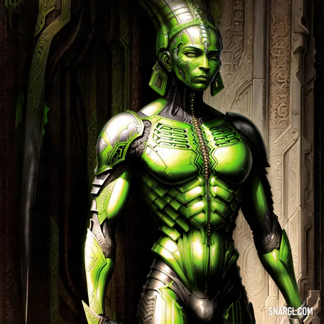 Green alien man standing in a doorway with a sword in his hand and a helmet on his head. Example of #D1E231 color.