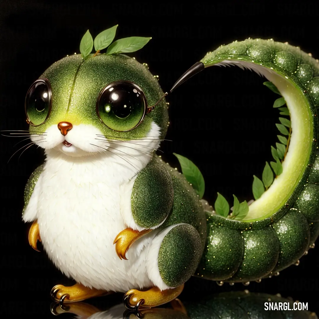 Green and white stuffed animal sitting on top of a table next to a black background