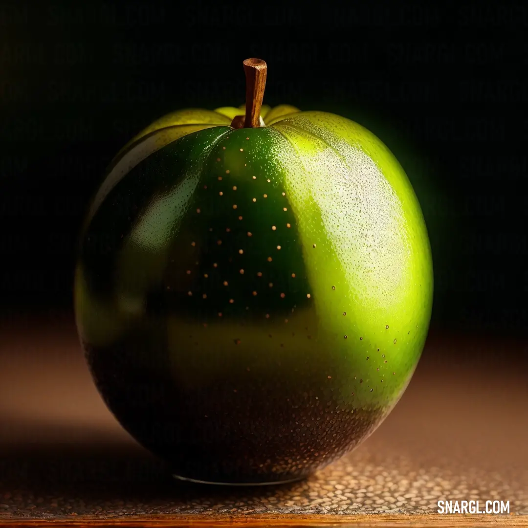 Green apple with a brown spot on it's surface and a black background behind it