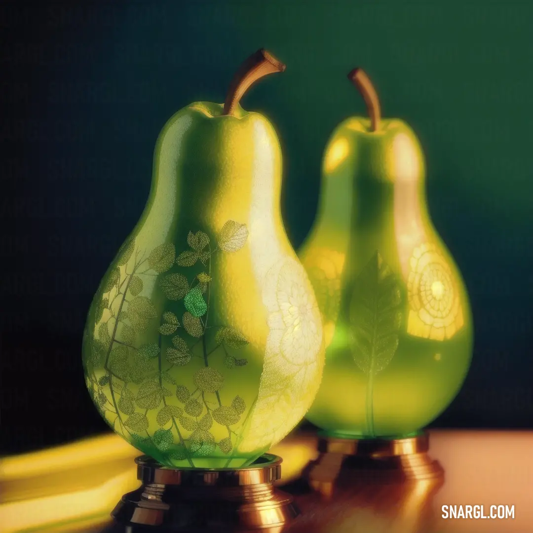 Green glass vase with a leaf design on it and two pears on a table with bananas in the background