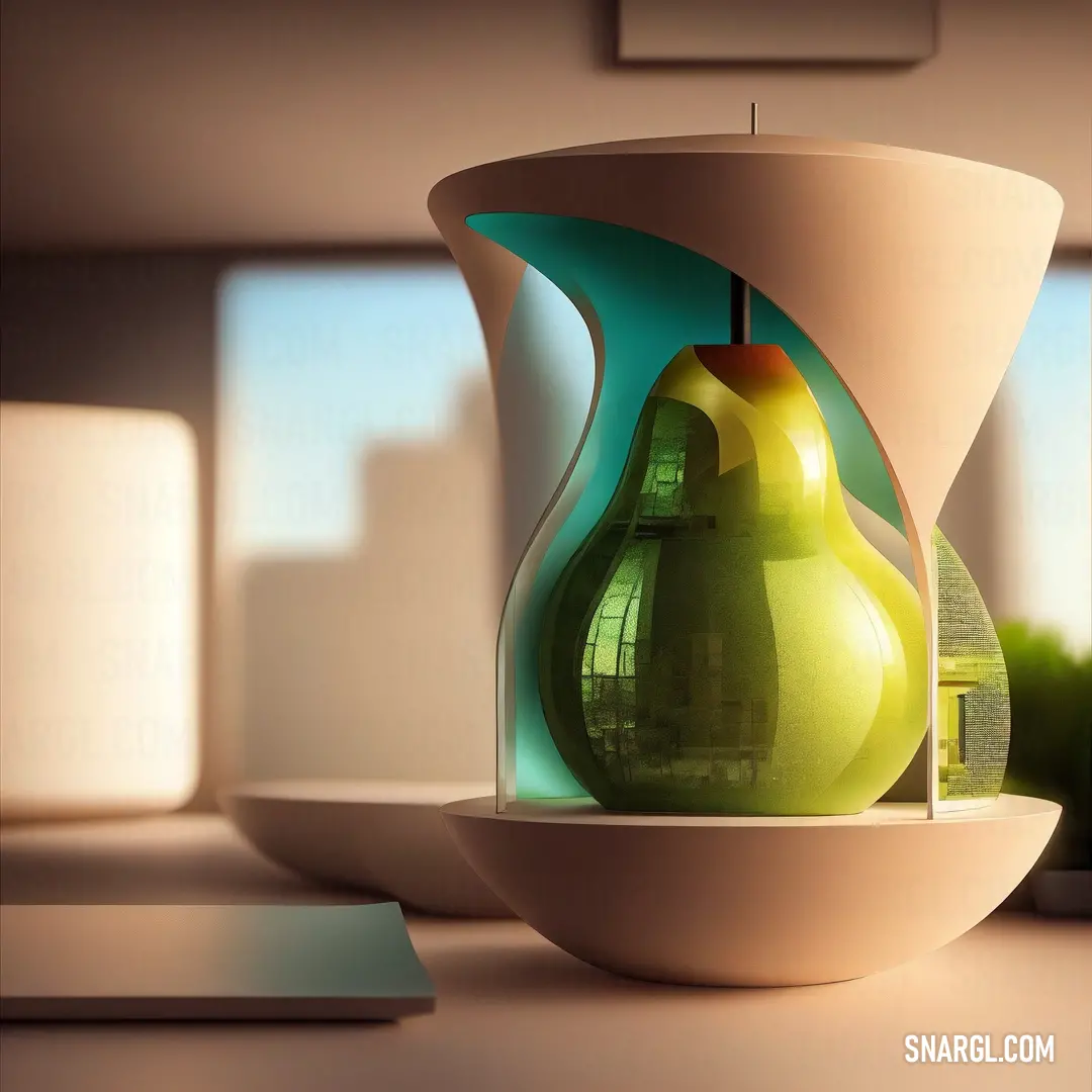 Green vase on top of a table next to a window sill with a city in the background