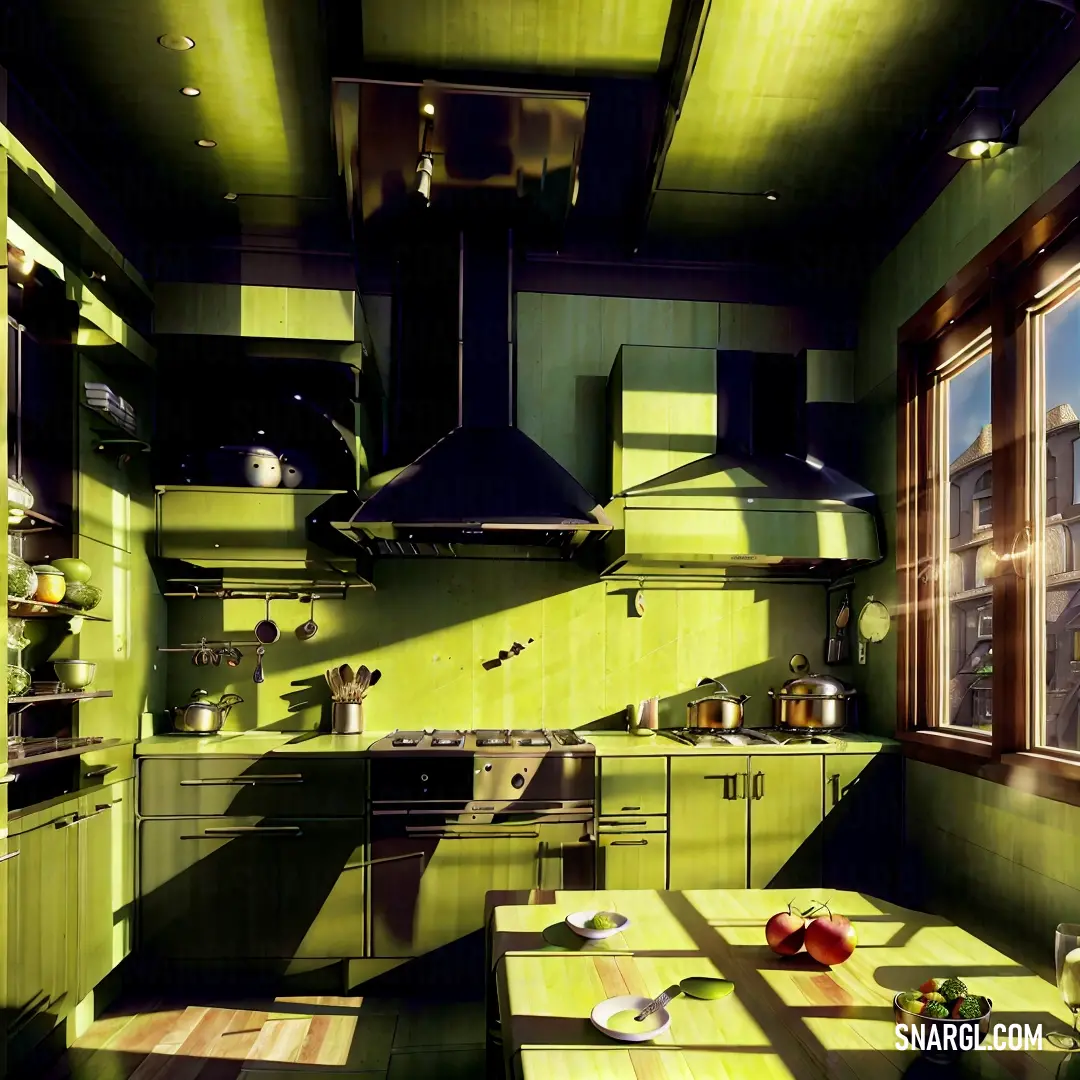 Kitchen with a table and a stove top oven in it's center area and a window to the outside. Color RGB 209,226,49.