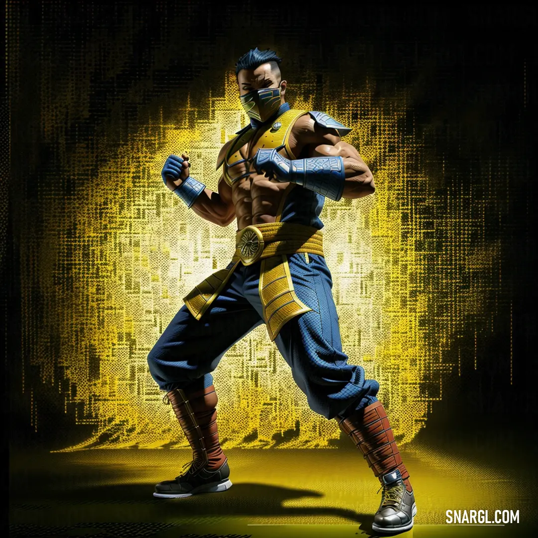 Man in a costume is posing for a picture with a yellow background