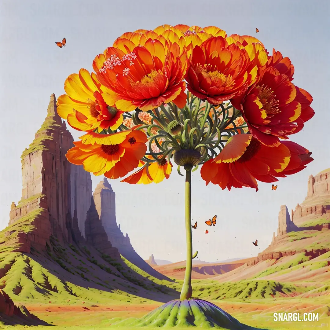 Painting of a flower in a field with a castle in the background and butterflies flying around it in the sky