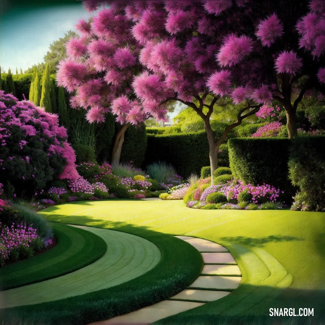 Painting of a garden with a path leading to a tree and bushes with pink flowers on it. Color #D1E231.