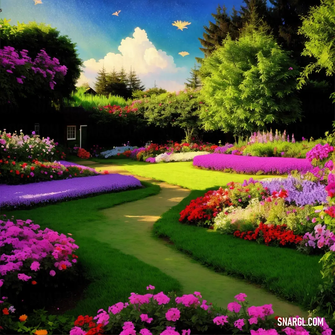 Painting of a garden with flowers and a path leading to a house with a butterfly flying overhead in the sky