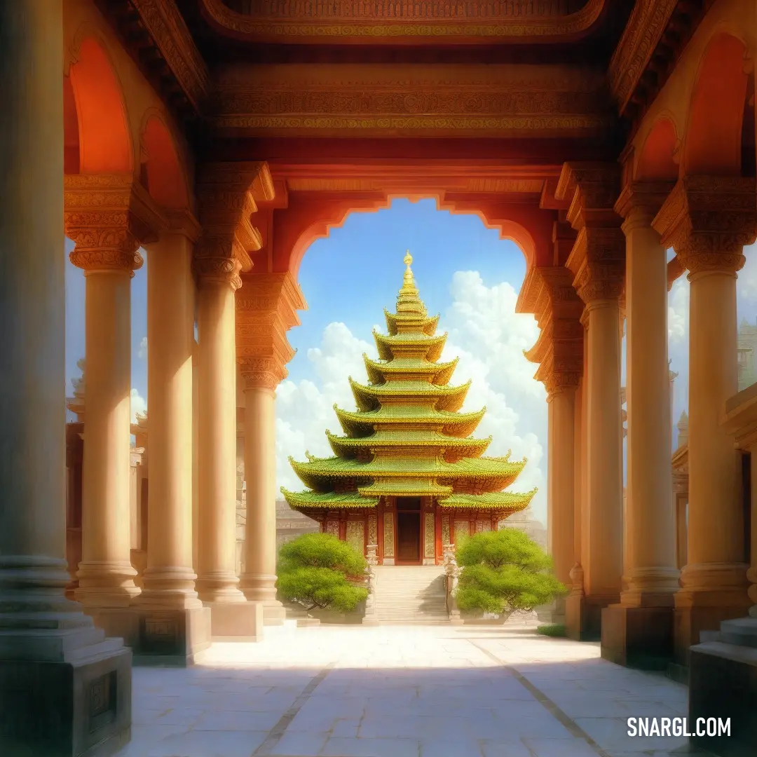 Painting of a pagoda in a courtyard with columns and arches