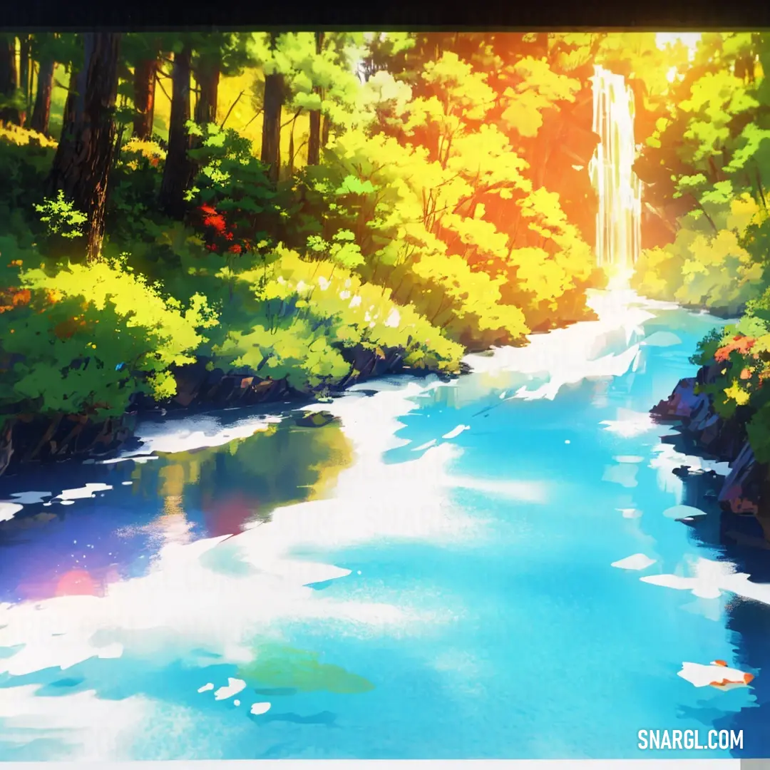 Painting of a river running through a forest with a waterfall in the distance and trees on either side. Example of CMYK 8,0,78,11 color.
