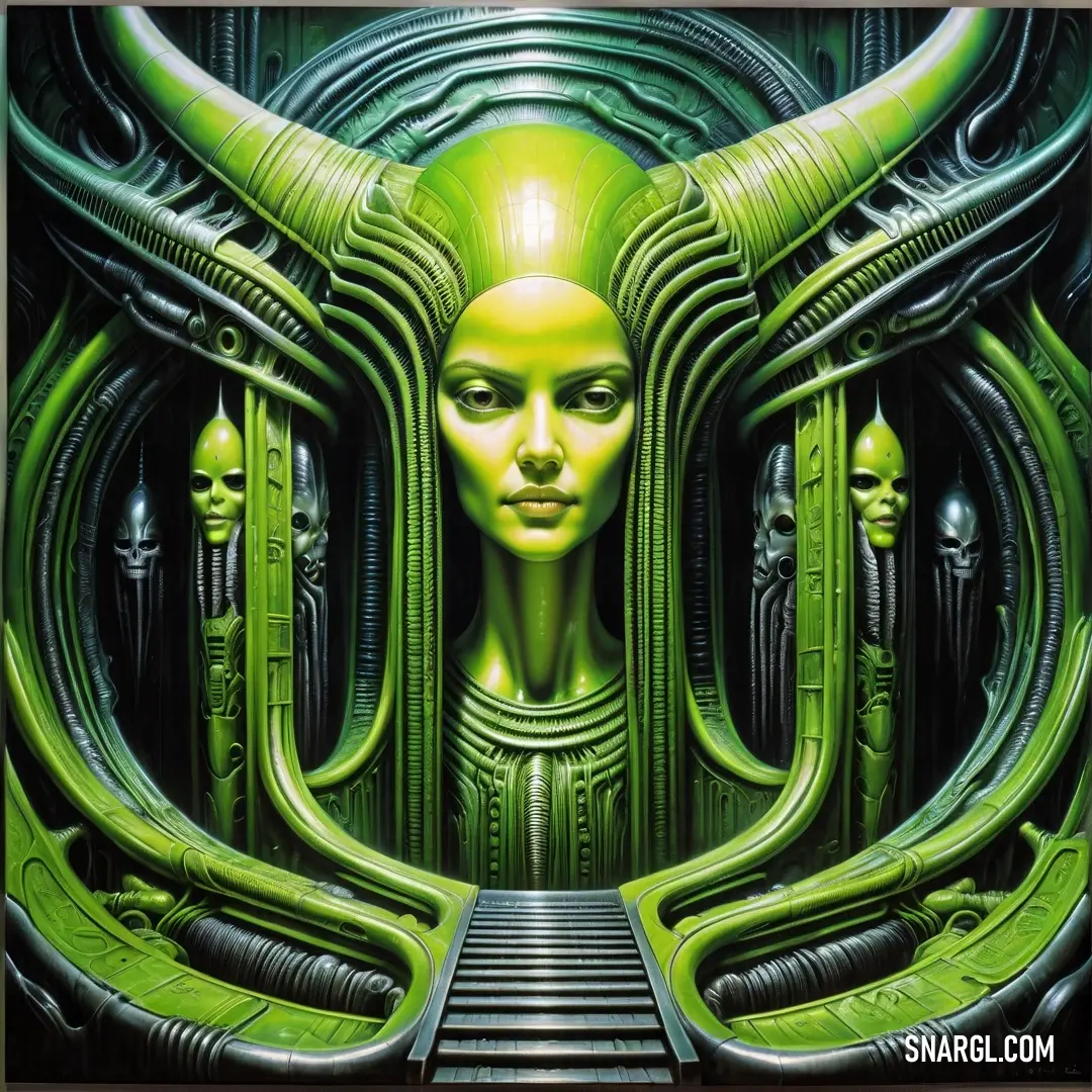 Painting of a woman surrounded by aliens and aliens in green colors with a staircase leading to the entrance. Example of Pear color.