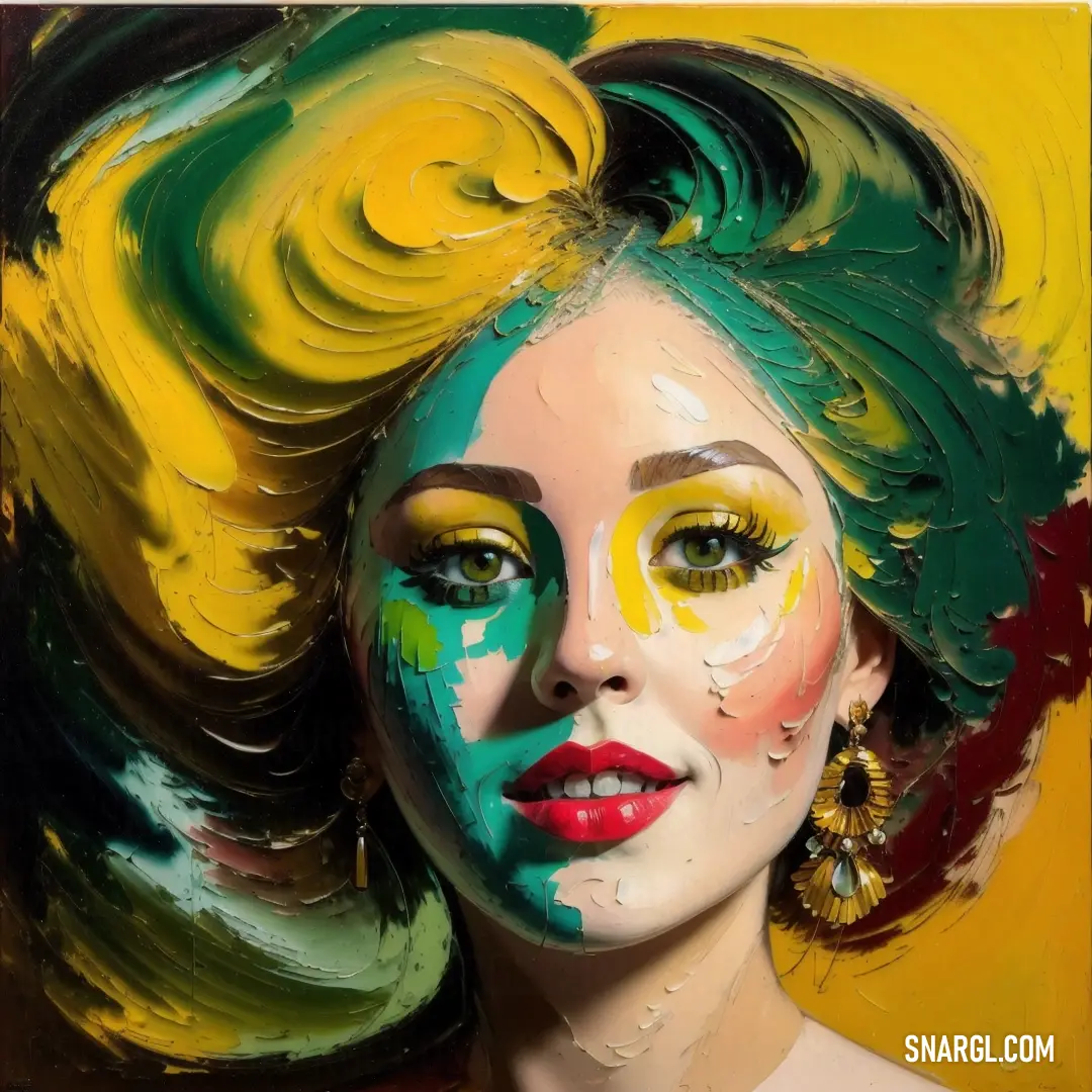 Painting of a woman with green hair and yellow makeup and a green wig with yellow and red paint