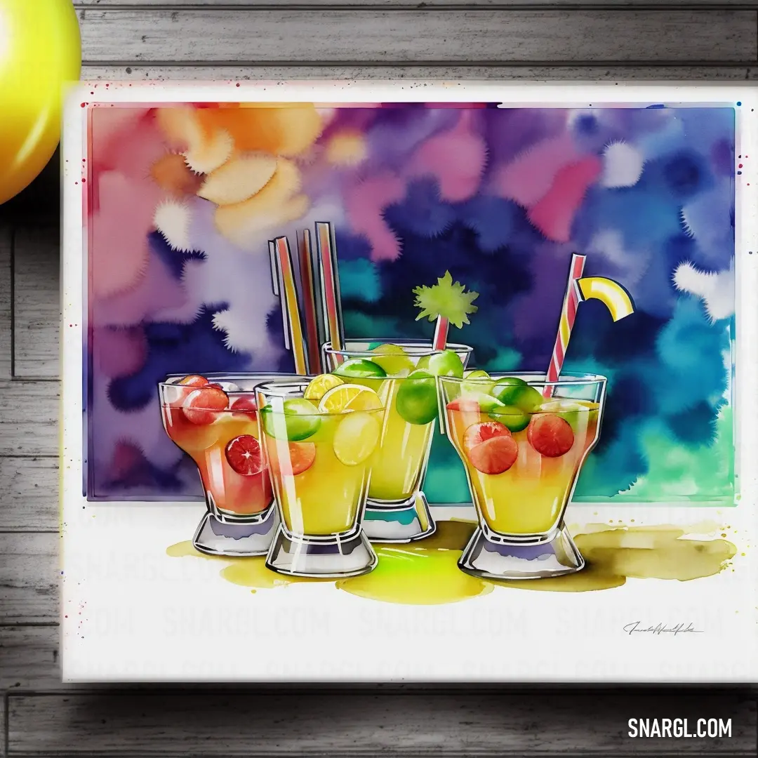 Painting of three glasses of fruit juice with a flag on top of them and a balloon in the background. Color RGB 209,226,49.