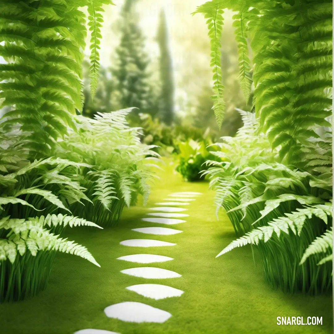 Path made of stepping stones through a lush green forest with ferns and ferns growing on the sides of the path
