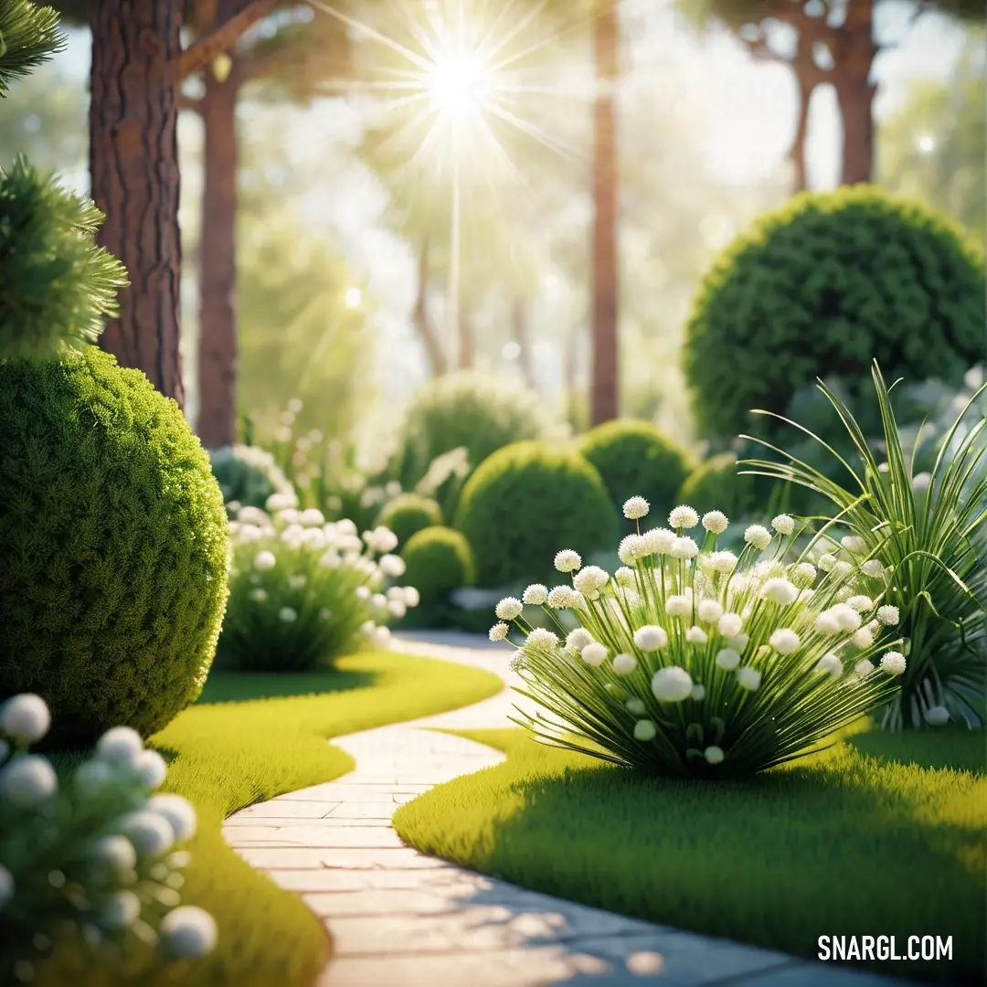 A peaceful garden path winds through lush green grass, with bushes and trees lining both sides. The pathway invites you to explore the surrounding natural beauty.