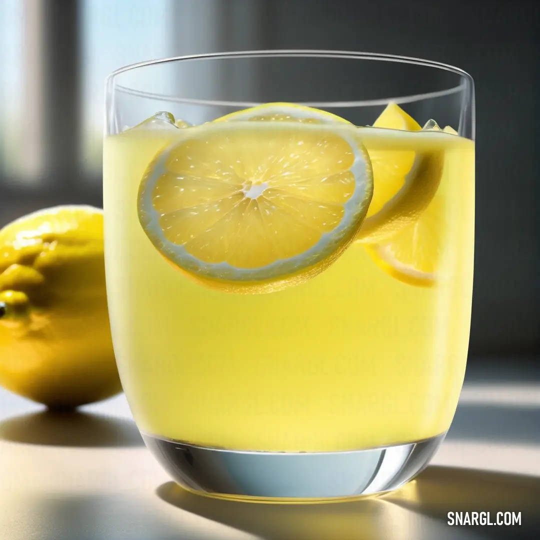 A refreshing glass of lemonade garnished with a slice of lemon elegantly rests on a table, bathed in soft light, with the lively color of the drink hinting at its delicious taste and thirst-quenching qualities.