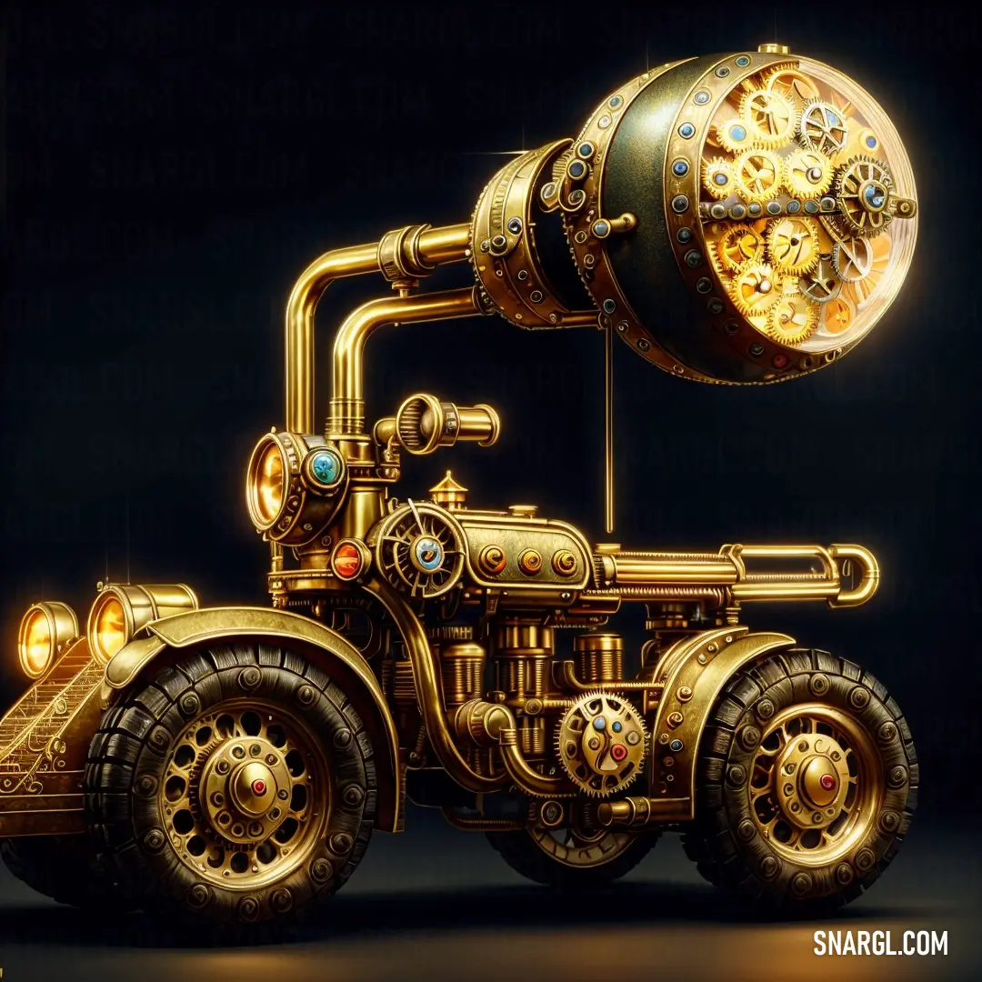 A stunning gold-colored steam engine gleams against a deep black background. The rich, metallic finish of the engine creates an eye-catching contrast, showcasing a timeless design with a captivating #D1E231 color that radiates warmth and sophistication.