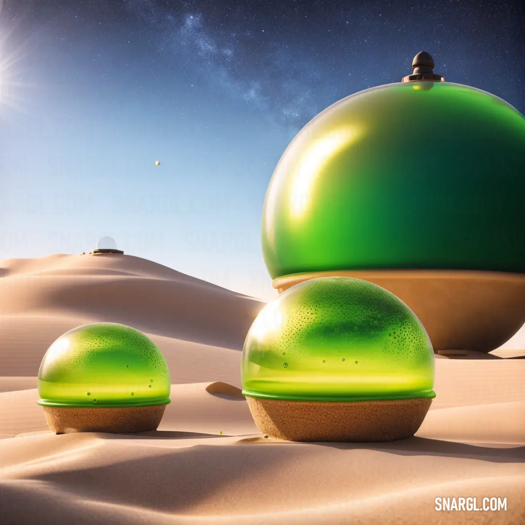Pear color example: Green object on top of a sandy beach next to a star filled sky and a desert landscape