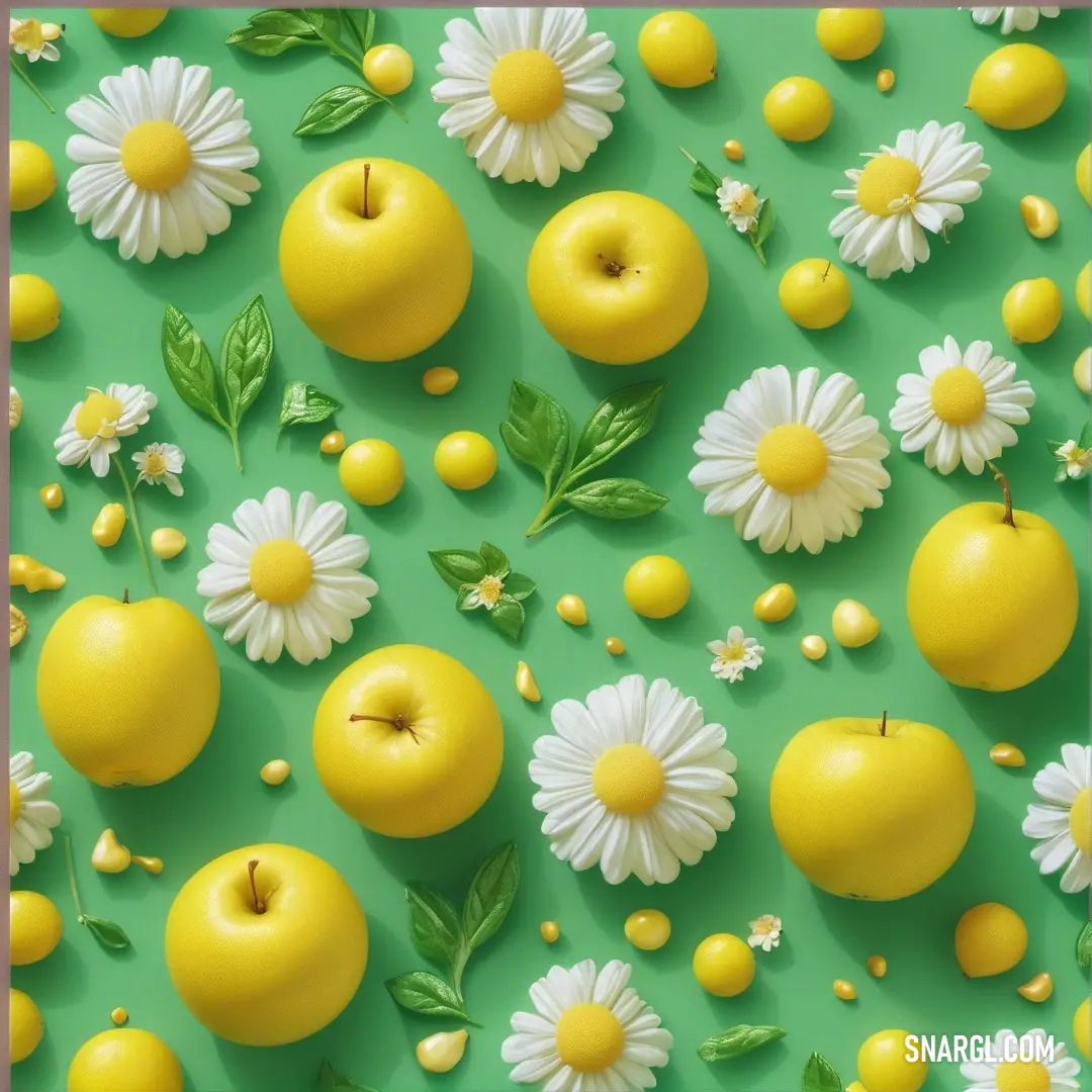 A serene green surface elegantly showcases a harmonious arrangement of sunny yellow apples nestled among cheerful daisies, creating a lively and inviting atmosphere that invites a closer look.