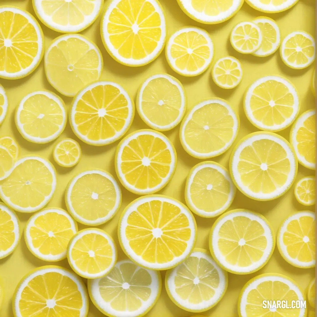 A vibrant display of fresh lemons sliced in half resting on a bright yellow surface, showcasing their juicy interior. The lively color contrast draws attention to the fruit's natural beauty, enhancing the visual appeal of the arrangement.