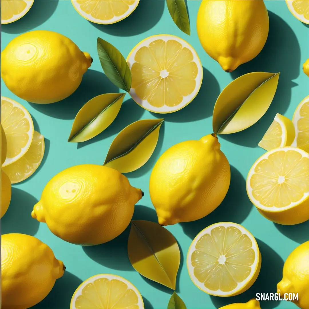 A beautiful cluster of ripe lemons adorned with lush green leaves set against a serene blue background, creating a refreshing contrast that captures the essence of summer.