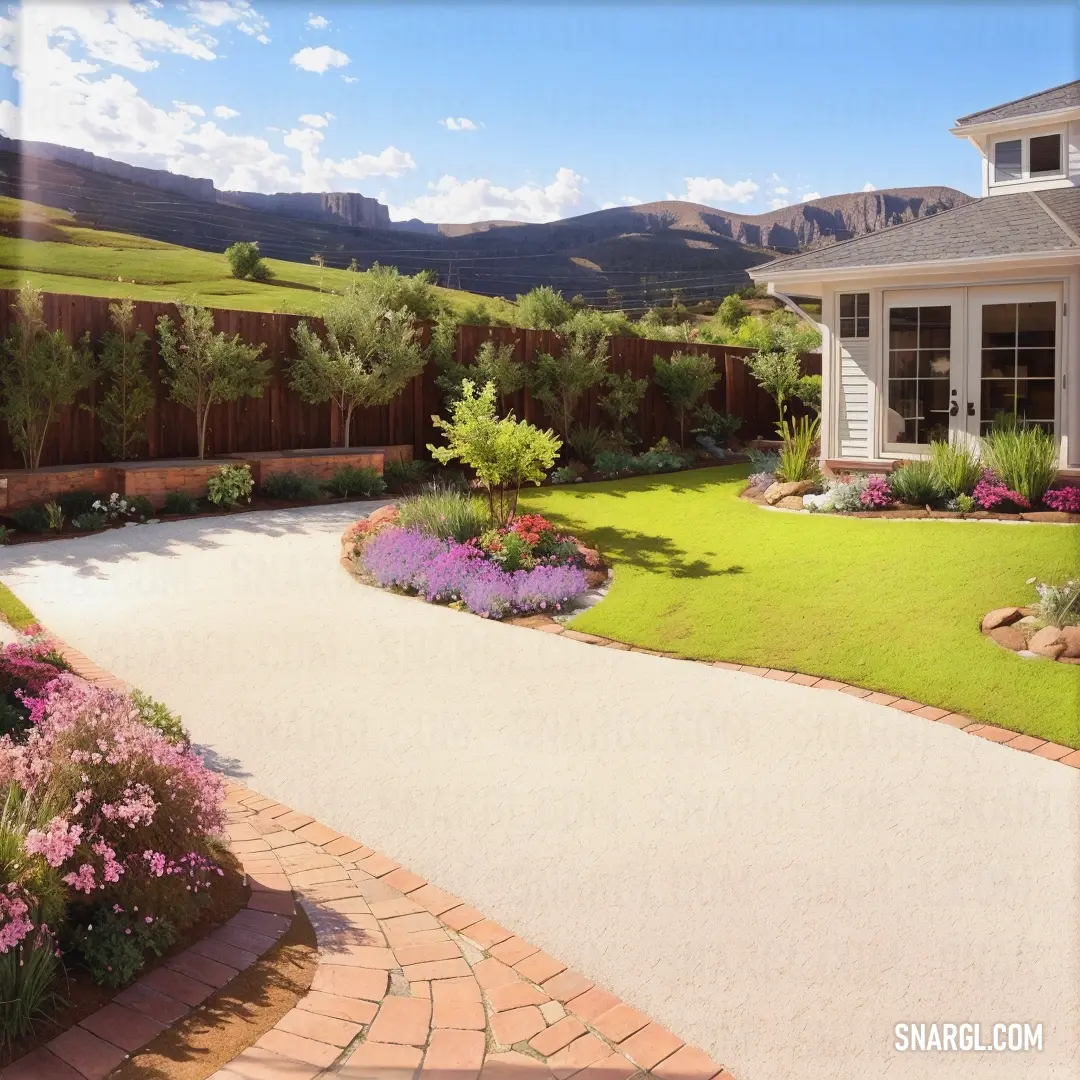 House with a driveway and landscaping in front of it. Example of Pear color.