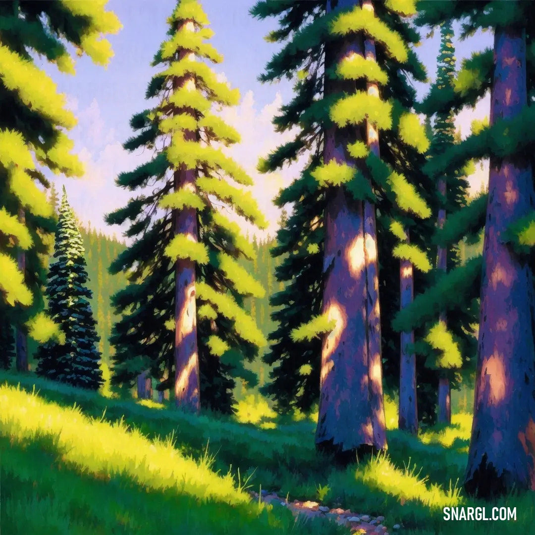 Painting of a forest with tall trees and grass on the ground and a path leading to the trees. Color #D1E231.