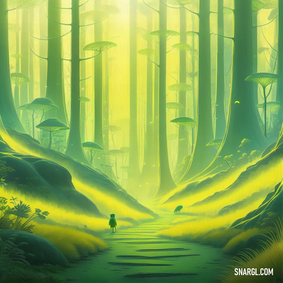 A figure walks down a forest path, bathed in the golden light filtering through the trees, as a soft yellow hue surrounds the scene, evoking a sense of peaceful solitude.