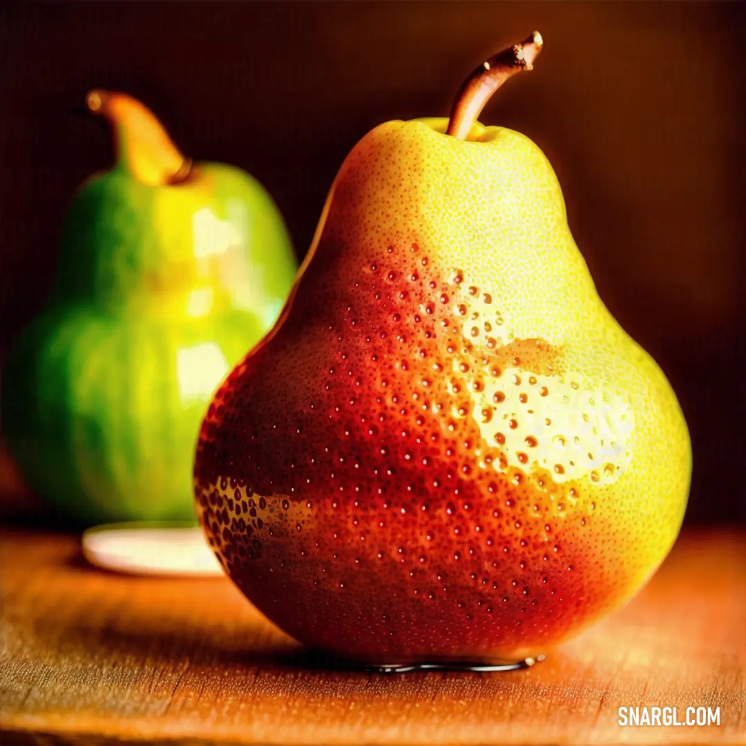 Pear and a green apple on a table together, with a brown background. Example of Pear color.