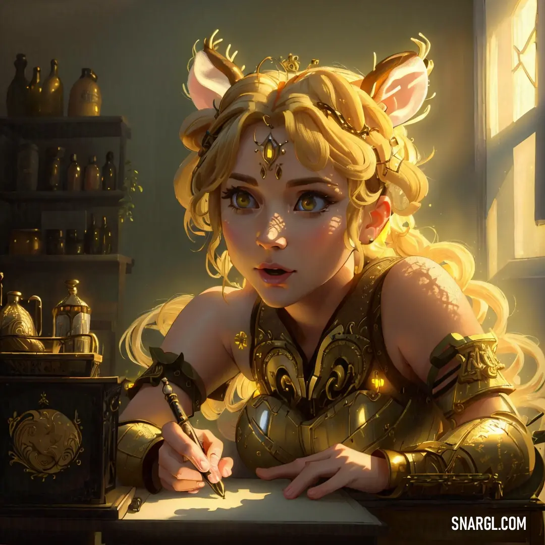 A woman in a golden outfit sits at a desk, her face illuminated by the soft glow of a nearby clock. Her calm focus contrasts with the bustling energy of the room, her golden attire catching the light and drawing attention to her poise and elegance.