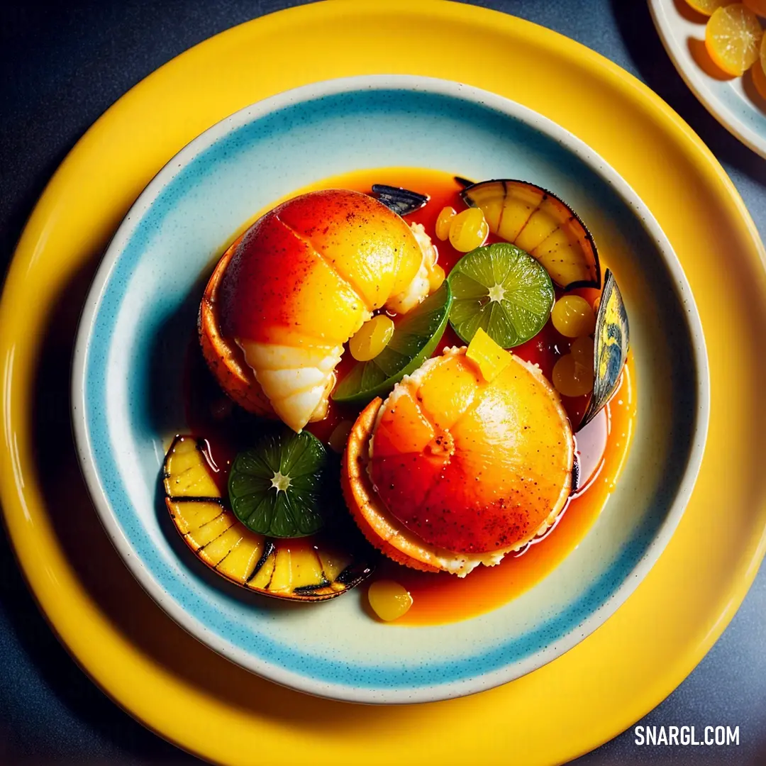 Plate of food with fruit on it and a bowl of fruit in the background. Color RGB 209,226,49.