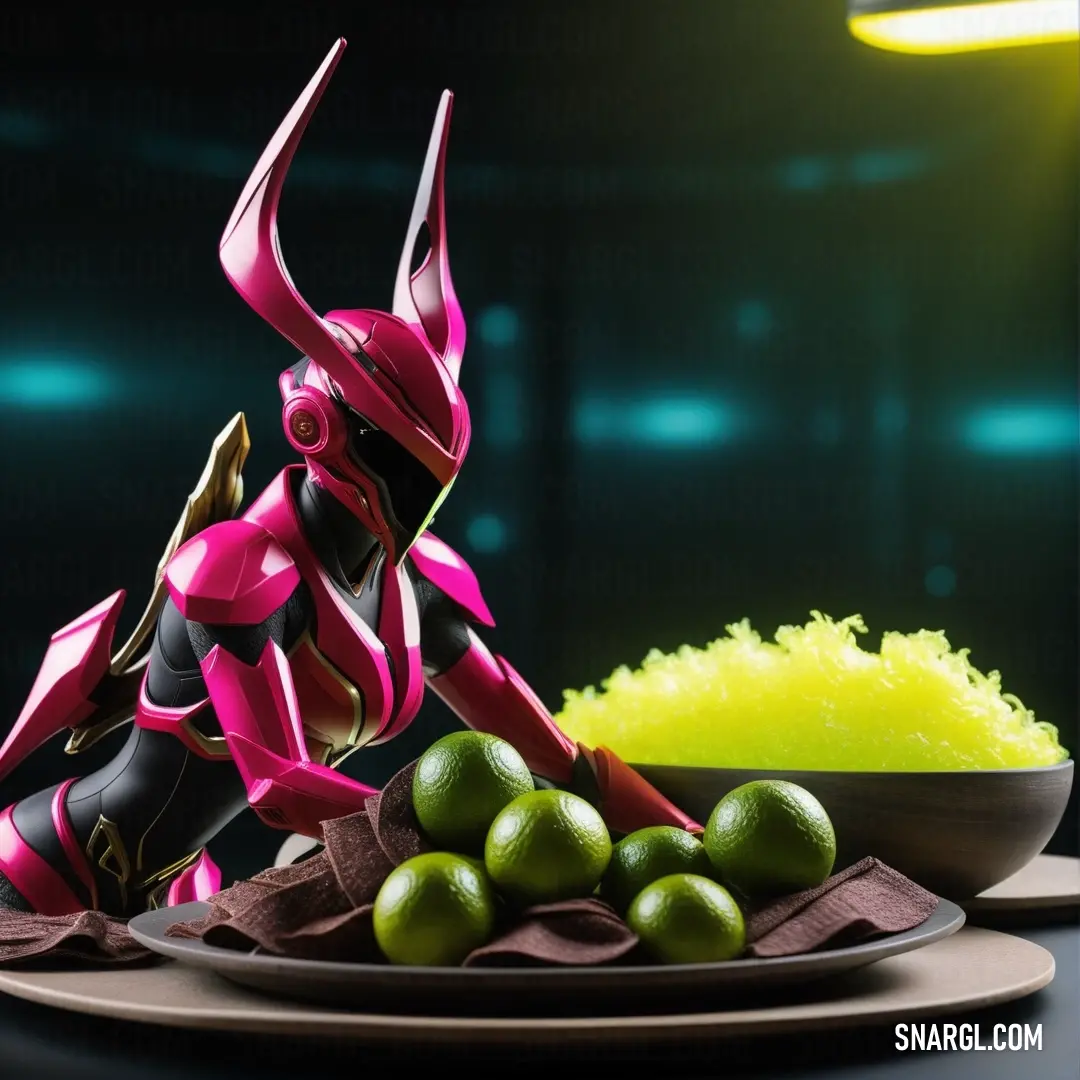 A whimsical scene featuring a plate alongside an adorable robot and a bowl filled with fresh limes, creating an inviting tableau that sparks curiosity and playfulness through its bright and refreshing colors.