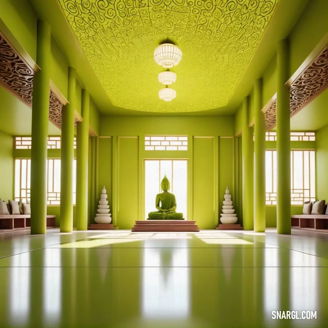 Room with a buddha statue in the middle of it and a green wall and ceiling with a window. Color RGB 209,226,49.