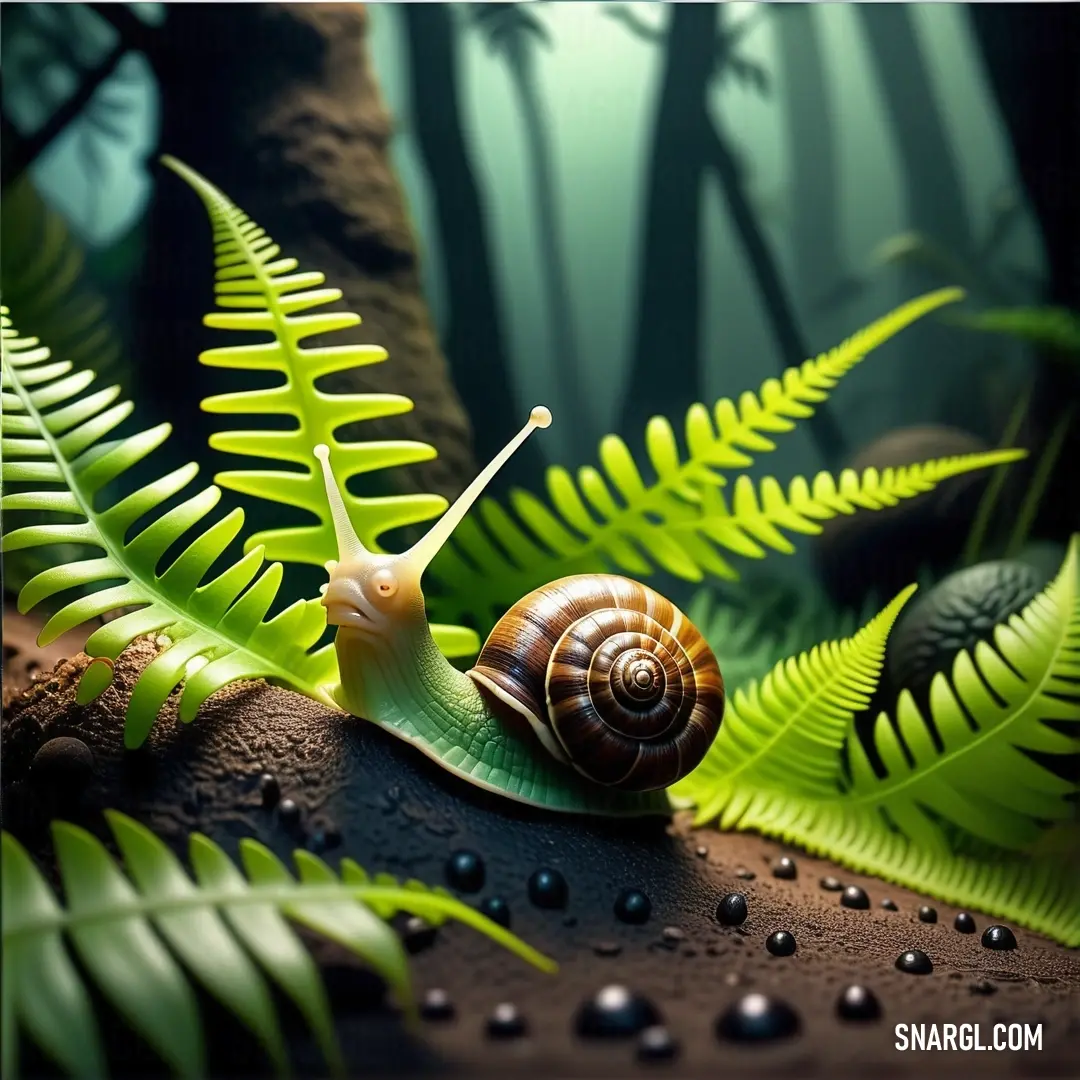 Snail is on a leafy green plant in the woods