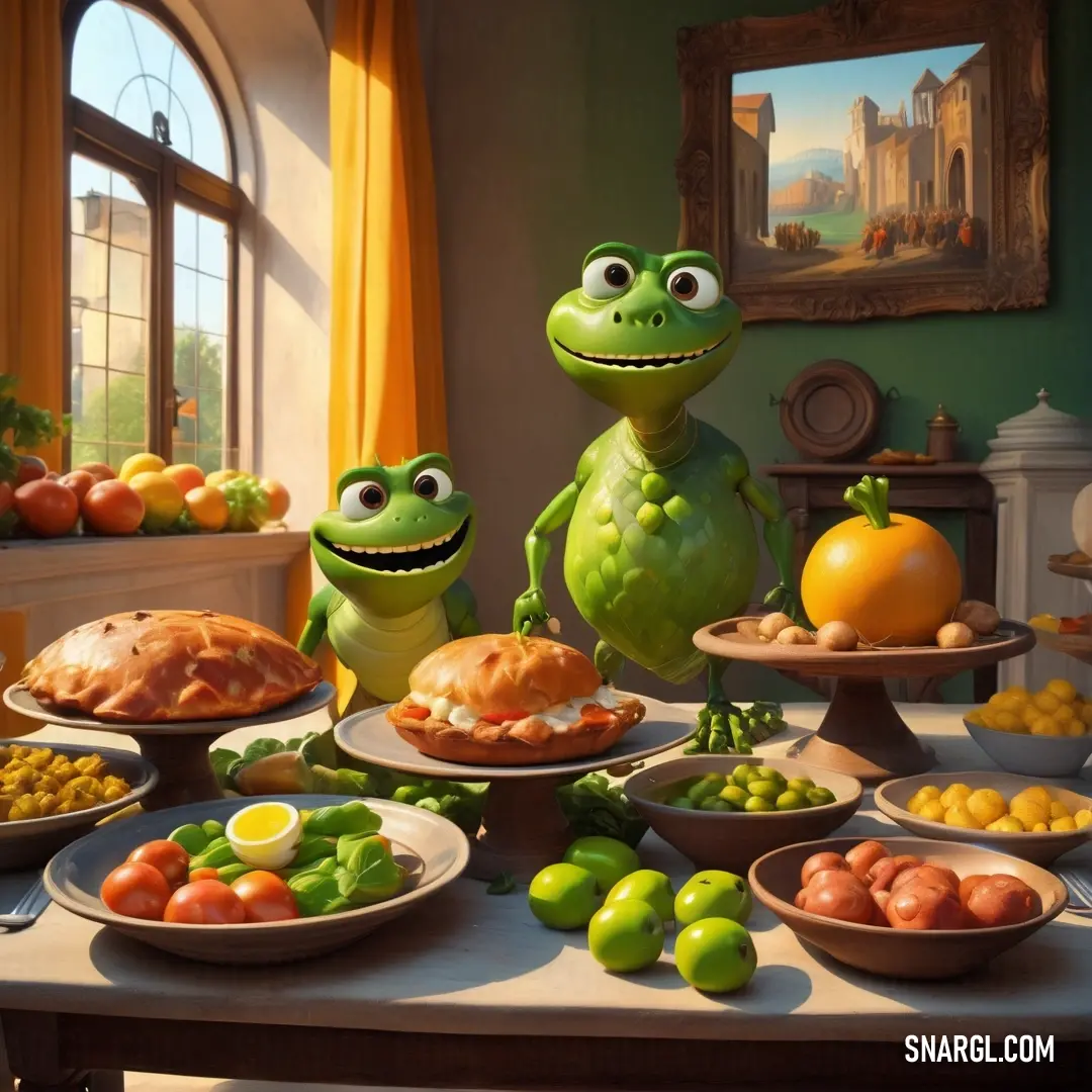 Pear color. Table filled with plates of food and a frog statue next to a window