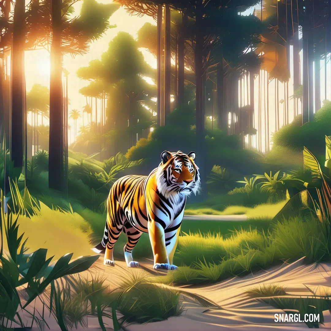 A majestic tiger confidently strides through a lush forest. Tall trees with thick trunks tower on either side, while grass gently brushes against its fur. A winding path invites curiosity, leading deeper into the mysterious woods.