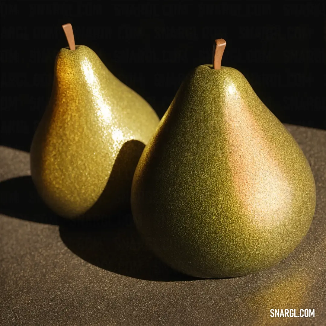 Two pears on a table with a black background and a shadow of one of them on the table