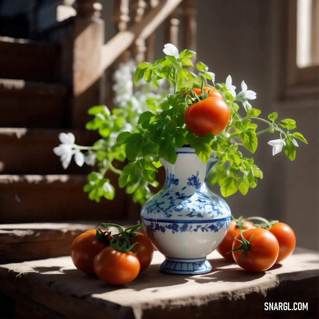 A charming vase filled with ripe tomatoes and a flourishing plant rests gracefully on a table, leading to a staircase that provides depth and intrigue to the scene, beautifully captured in warm, earthy tones.