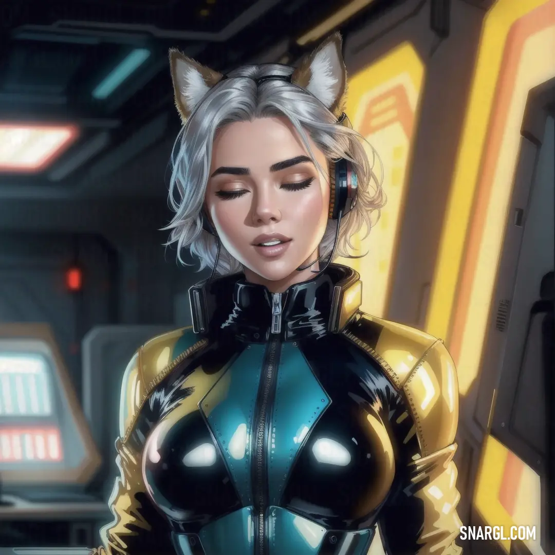 A woman in a sleek cat suit stands confidently within the walls of a high-tech space station. The space around her radiates futuristic energy, and her outfit complements the sci-fi vibe, as vibrant yellow accents light up her figure.