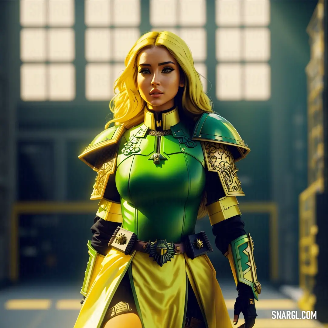 A woman in a vibrant green and yellow outfit stands in a modern building with large windows. A sword rests by her side, and her yellow helmet suggests a readiness for adventure or battle, framed by the architectural beauty around her.