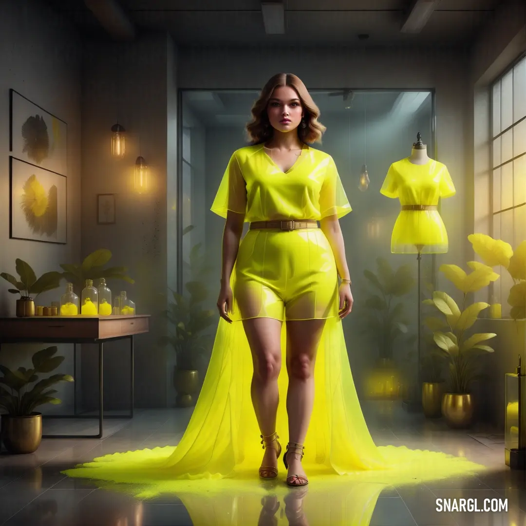 Woman in a yellow dress is walking down a hall way with a yellow dress on her chest