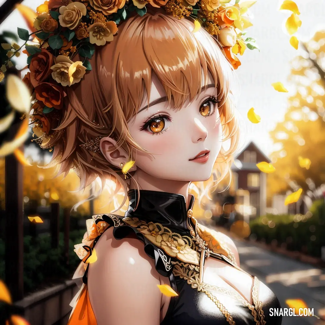 A graceful woman, adorned with a delicate flower crown, wears an elegant black dress while standing on a quiet street. The peaceful atmosphere contrasts beautifully with her bold yet subtle pear-colored presence, blending nature and fashion.