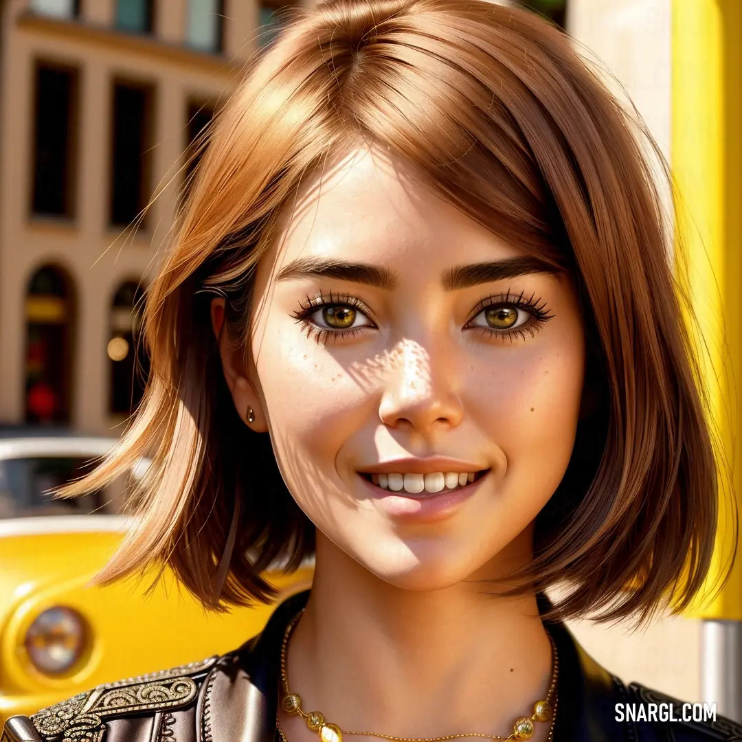 Woman with a necklace and a black jacket on a street corner with a yellow car in the background