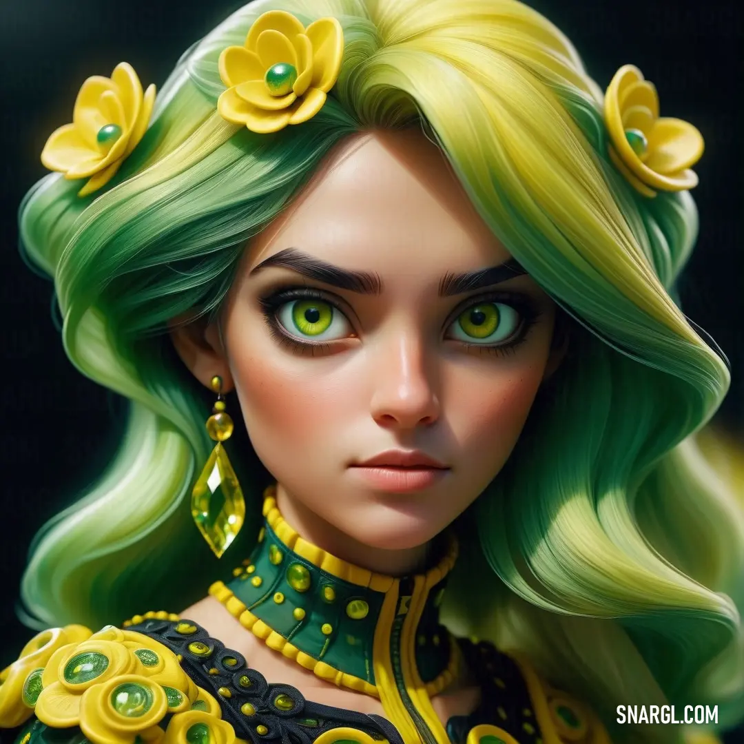 Woman with green hair and yellow flowers on her head and green eyes and green hair