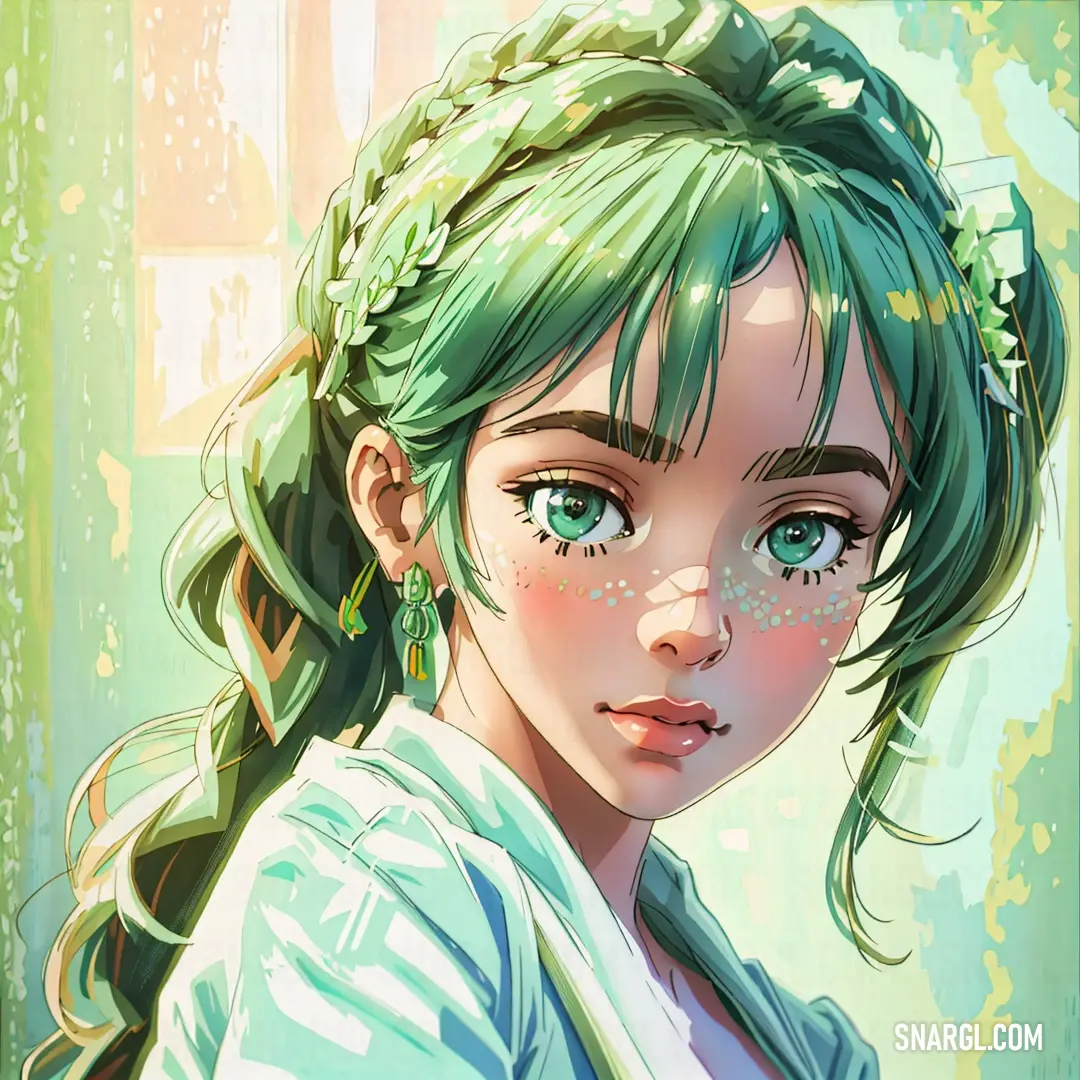 Girl with green hair and blue eyes is looking at the camera with a serious look on her face