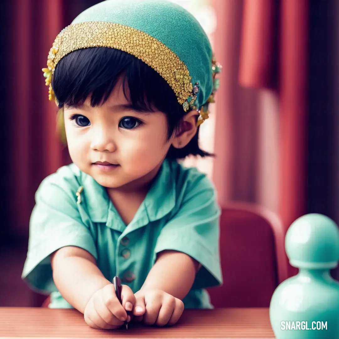 Little girl at a table with a green hat on her head and a blue vase behind her
