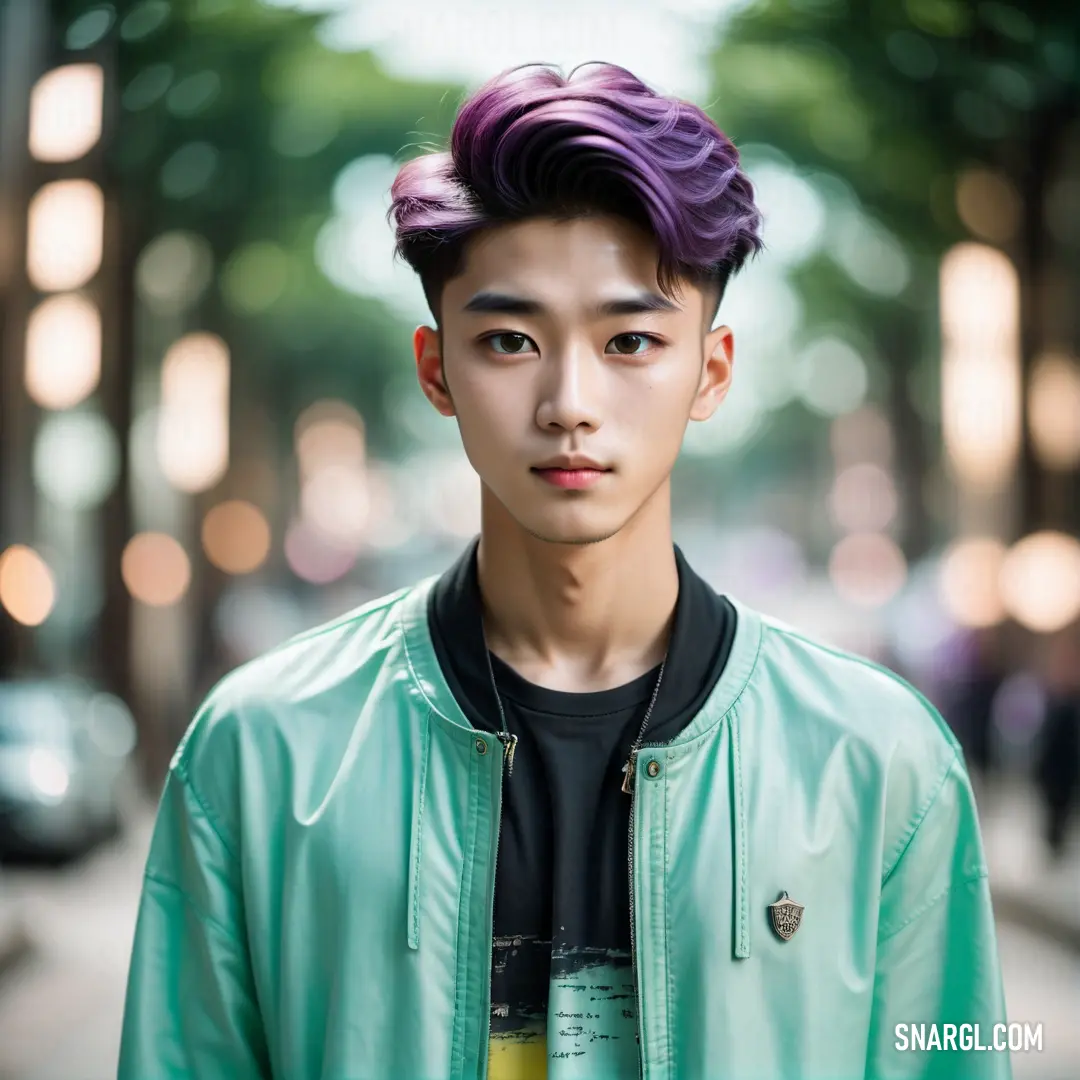 Man with a purple hair standing on a street corner with a green jacket on and a black shirt on. Color Pearl Aqua.