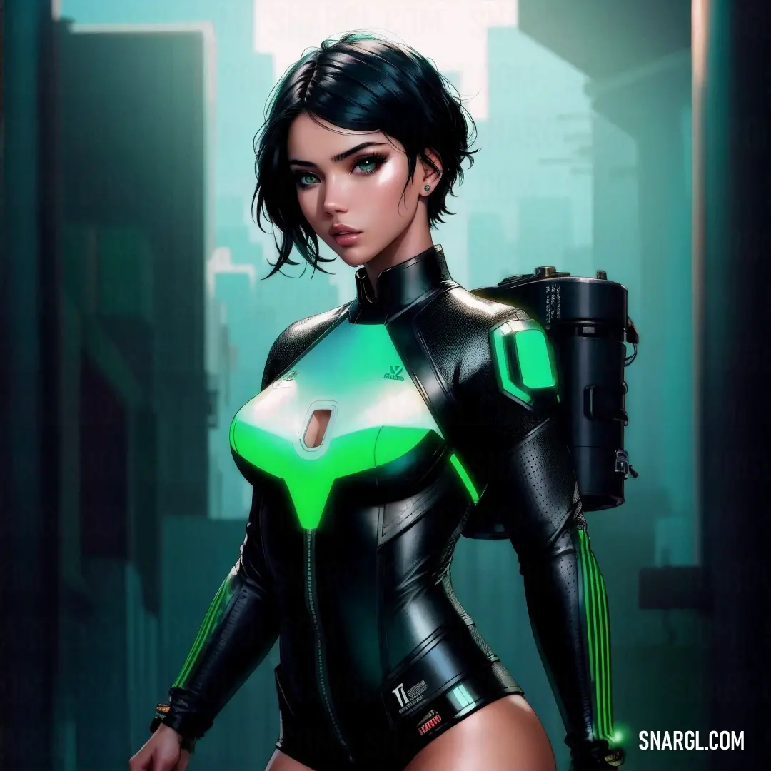 Woman in a futuristic suit holding a gun in a hallway with a city in the background and a green light
