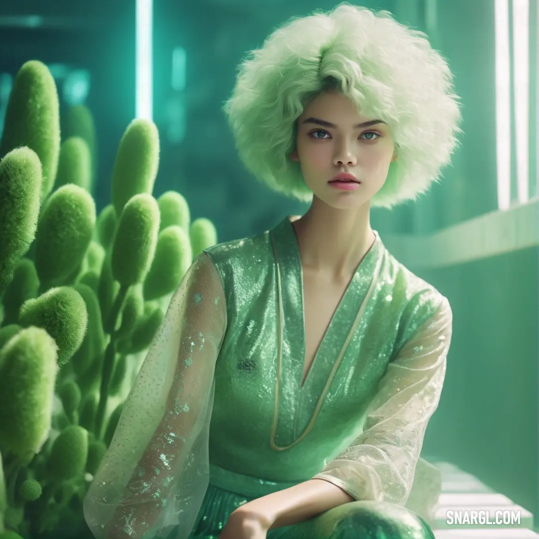 Woman with a green dress next to a cactus plant in a room with green walls. Color #88D8C0.