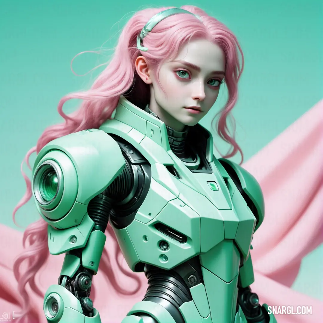 Woman with pink hair and a green suit with a pink hair. Example of Pearl Aqua color.